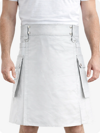 Light Grey Genuine Leather Utility Kilt with Cargo Pockets & D-Rings