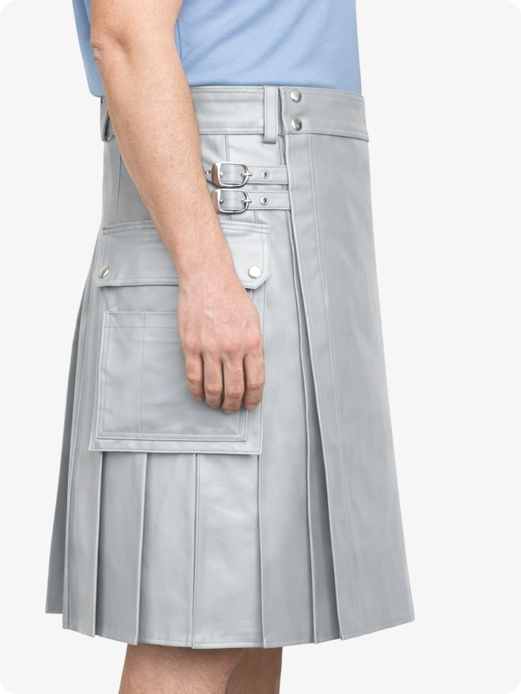 Light Grey Genuine Leather Utility Kilt with Side Pockets