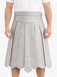 Light Gray pleated skirt worn by a person on a white background