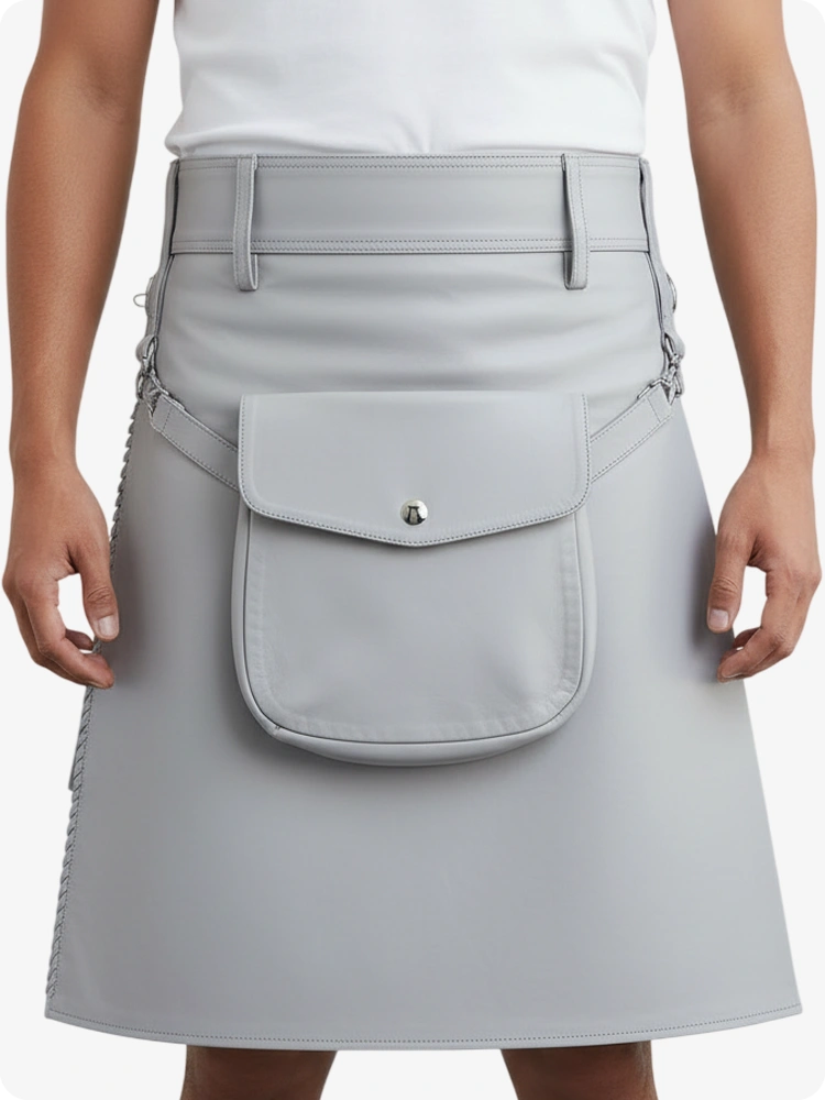 Gray skirt worn by a person on a white background