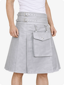 Gray skirt with belt and pockets worn by a person on a white background