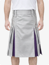 Light Gray kilt with purple accents worn by a person on a white background