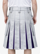 Light Gray kilt with purple accents worn by a person on a white background
