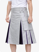 Light Gray kilt with purple accents worn by a person on a white background
