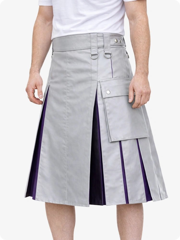 Light Gray kilt with purple accents worn by a person on a white background
