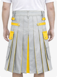 light Gray kilt with yellow accents worn by a person on a white background