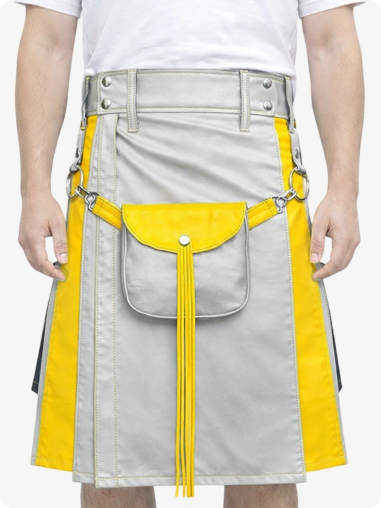 Light Grey Leather Utility Kilt with Yellow Accents & Detachable Pockets