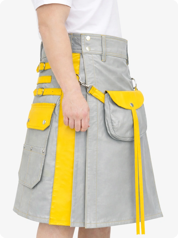 Light Grey Leather Utility Kilt with Yellow Accents & Detachable Pockets