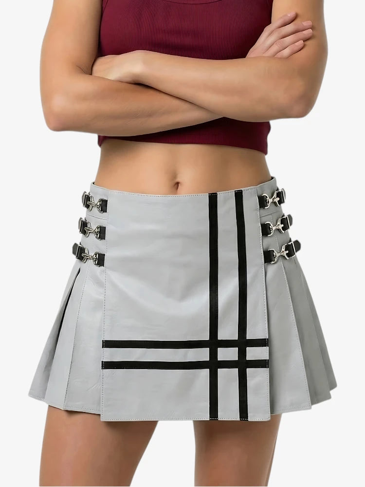 Kilt en cuir gris clair pour femme