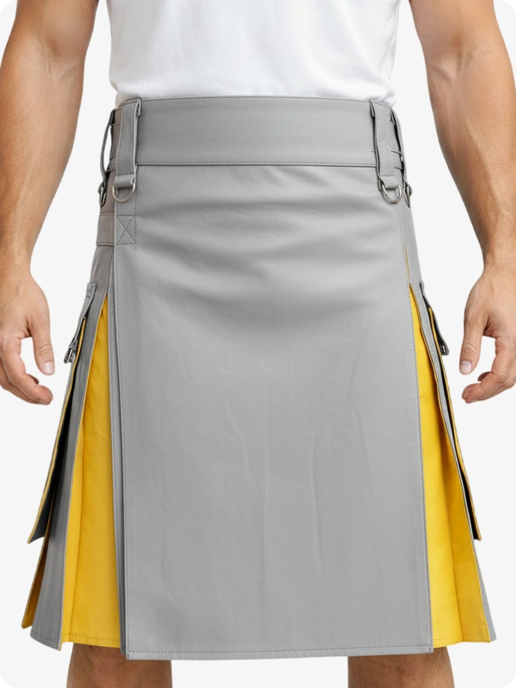 Kilt en cuir gris clair et jaune avec poches cargo