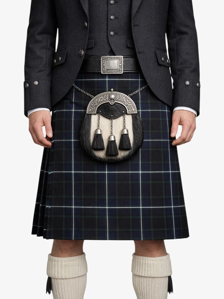 Person wearing a traditional Scottish kilt with a sporran on a white background
