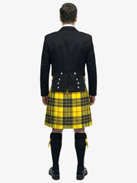 Person wearing a black prince charlie jacket and macleod of lewis tartan plaid kilt on a white background