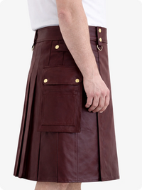 Maroon Genuine Leather Utility Kilt with Cargo Pockets & D-Rings
