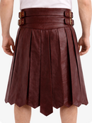 Maroon pleated skirt with belt on a white background