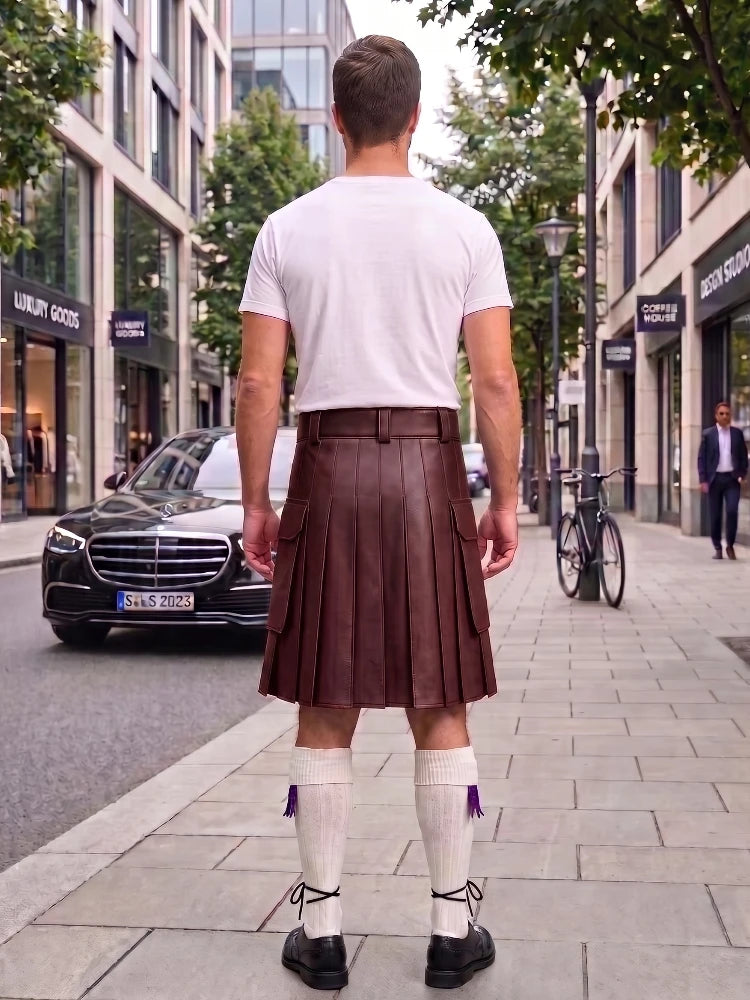 A man standing on a city sidewalk, viewed from behind, wearing a white t-shirt, a dark brown pleated leather kilt, white knee-high socks with purple tassels, and black shoes.
