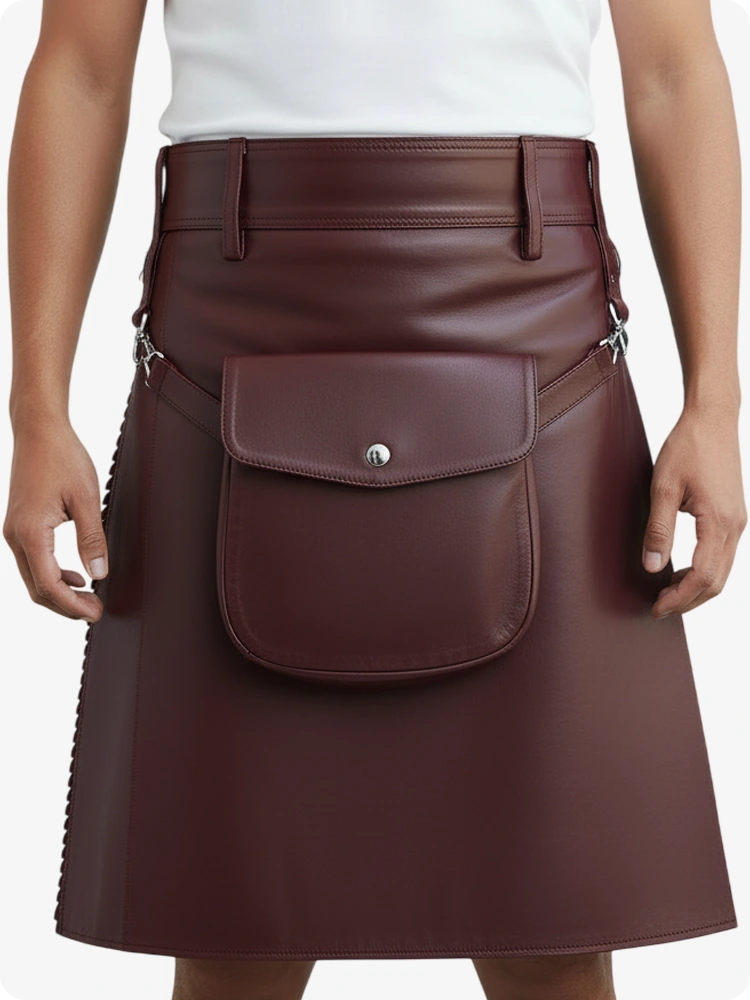 Kilt en cuir plissé maroon avec passants de ceinture et sangles latérales