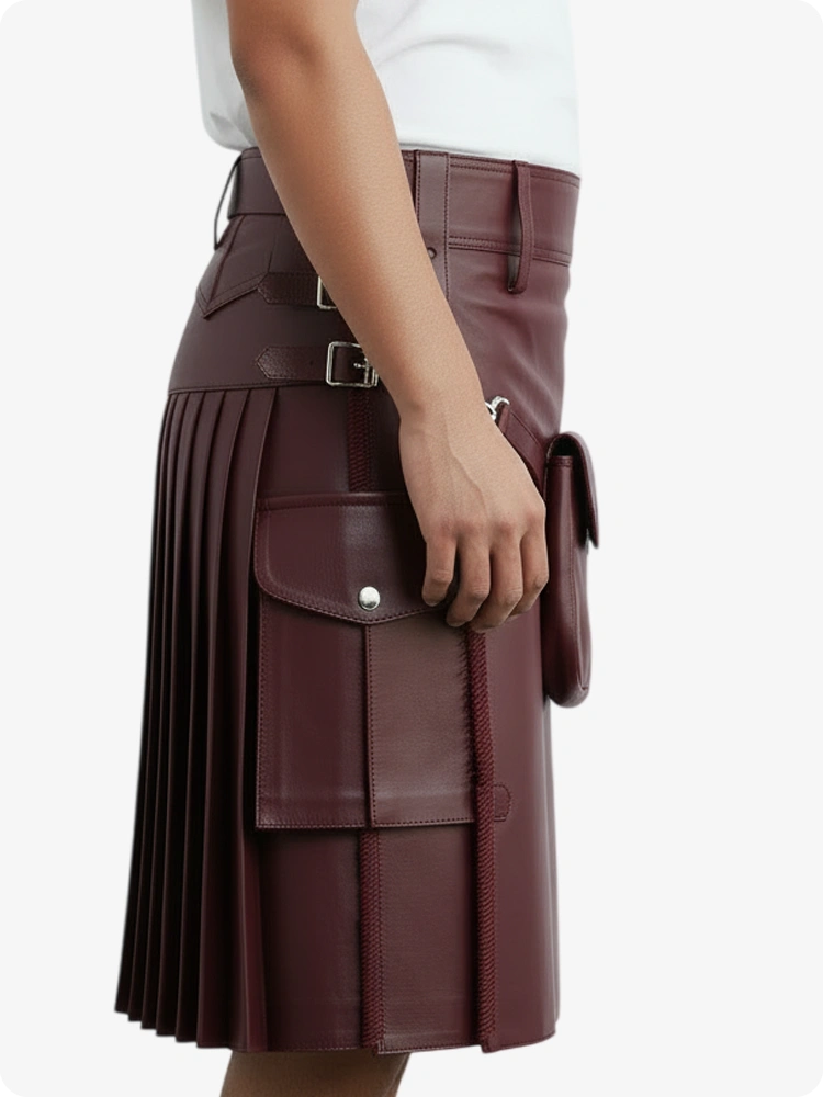 Kilt en cuir plissé maroon avec passants de ceinture et sangles latérales