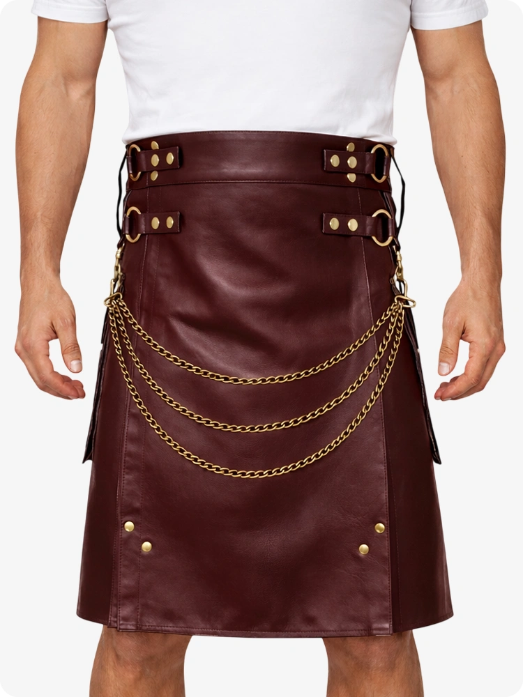 Maroon Leather Utility Kilt with Chain Detailing & Adjustable Straps