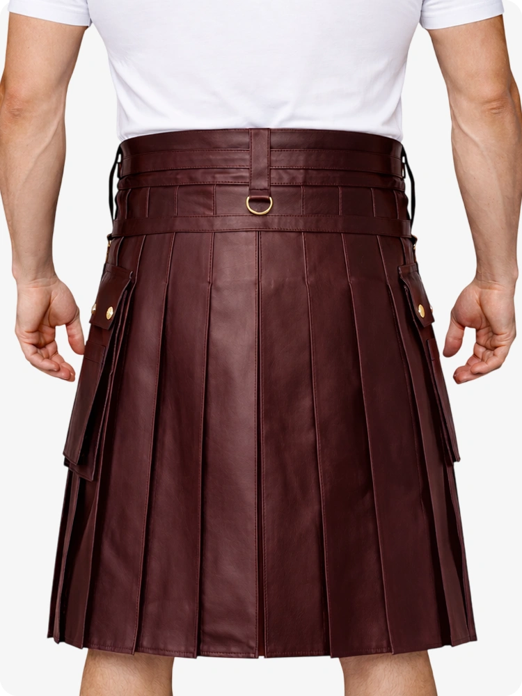 Maroon pleated kilt worn by a person on a white background