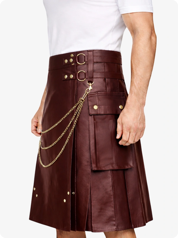 Maroon Leather Utility Kilt with Chain Detailing & Adjustable Straps