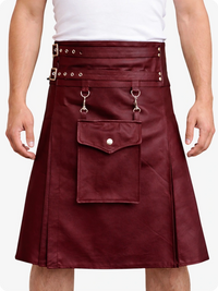Maroon leather kilt with gold accents on a white background