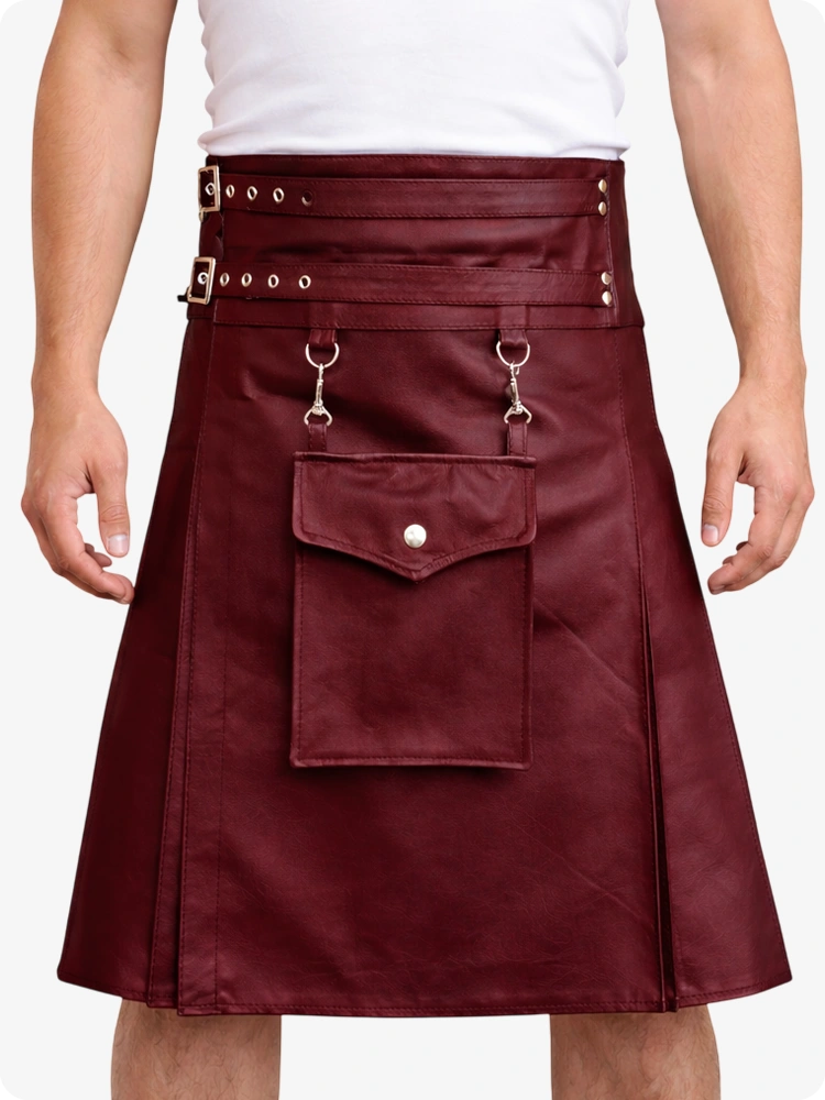 Maroon Leather Utility Kilt with Front Pocket & Adjustable Buckle Straps