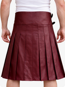 Maroon pleated skirt worn by a person on a white background