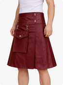Maroon leather skirt with silver buttons and hardware on a white background
