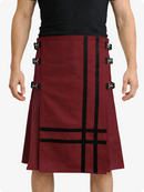 Maroon Leather Utility Kilt with Side Buckles & Pleated Back