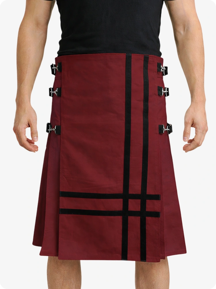 Maroon Leather Utility Kilt with Side Buckles & Pleated Back