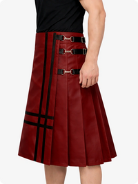 Maroon leather skirt with black straps on a white background