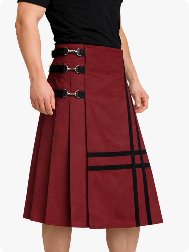 Maroon Leather Utility Kilt with Side Buckles & Pleated Back