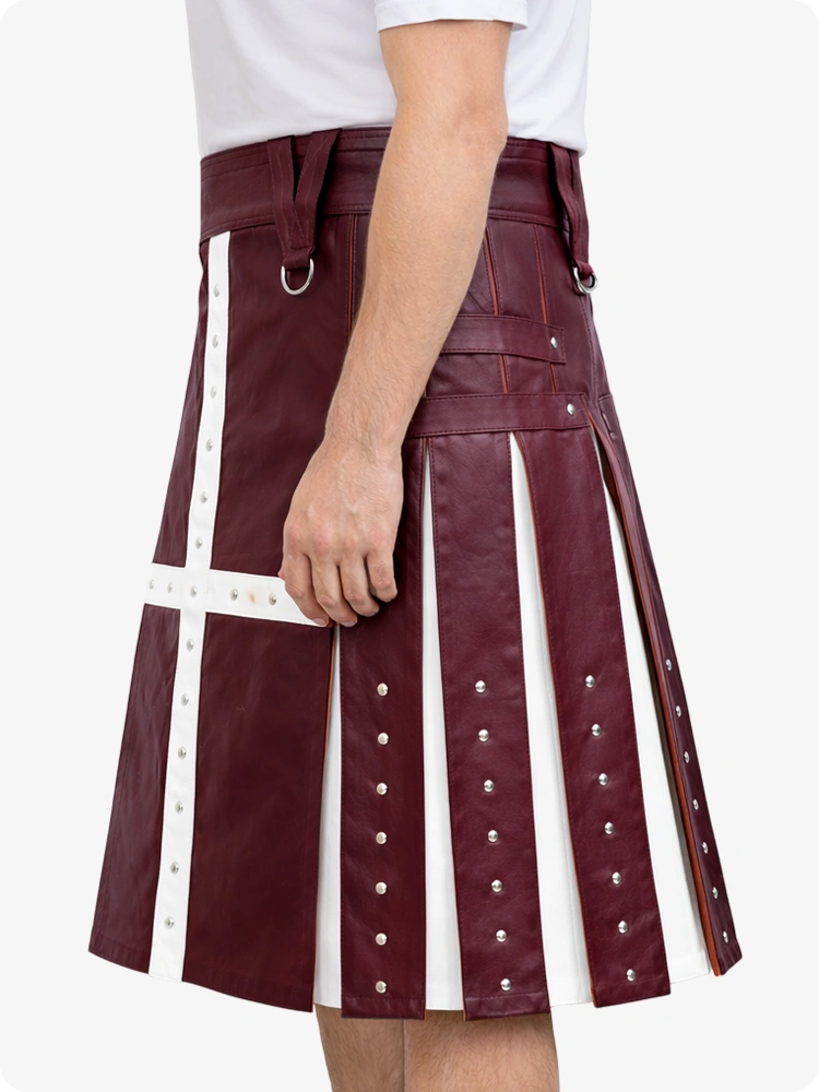 Maroon kilt with white accents on a plain background
