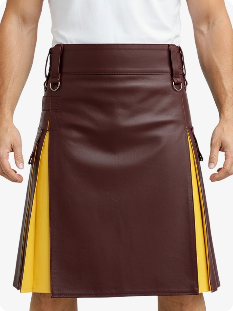 Kilt en cuir marron rouge et jaune avec poches cargo