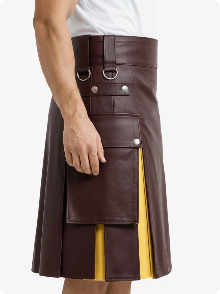 Kilt en cuir marron rouge et jaune avec poches cargo
