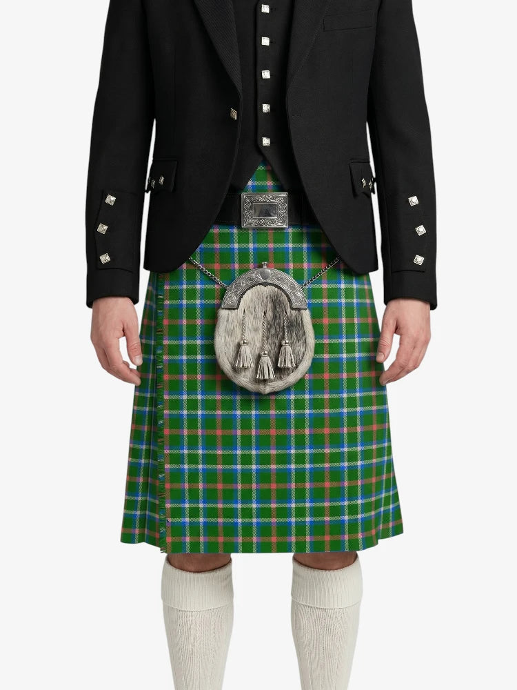 Person wearing a green plaid kilt with a black jacket on a white background