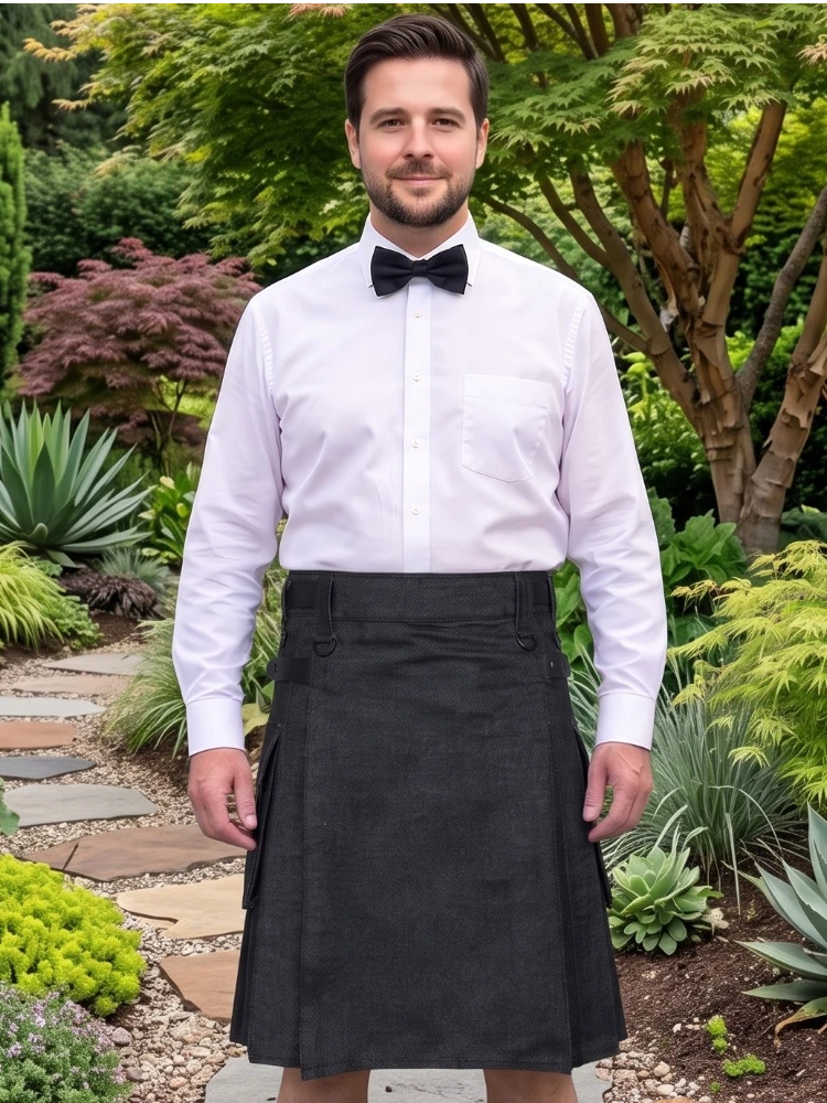 Kilt utility noir en denim pour hommes sur mesure