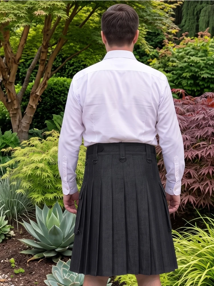 Kilt utility noir en denim pour hommes sur mesure