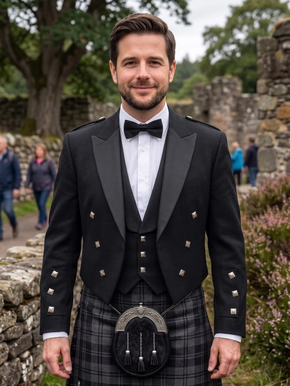 Veste Prince Charlie Noire avec Revers en Satin et Boutons Carrés Argentés