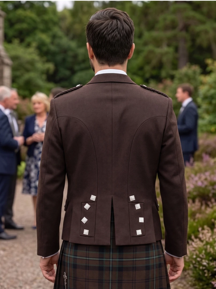 Veste Kilt Prince Charlie Marron avec Revers en Satin et Boutons Carrés Argent