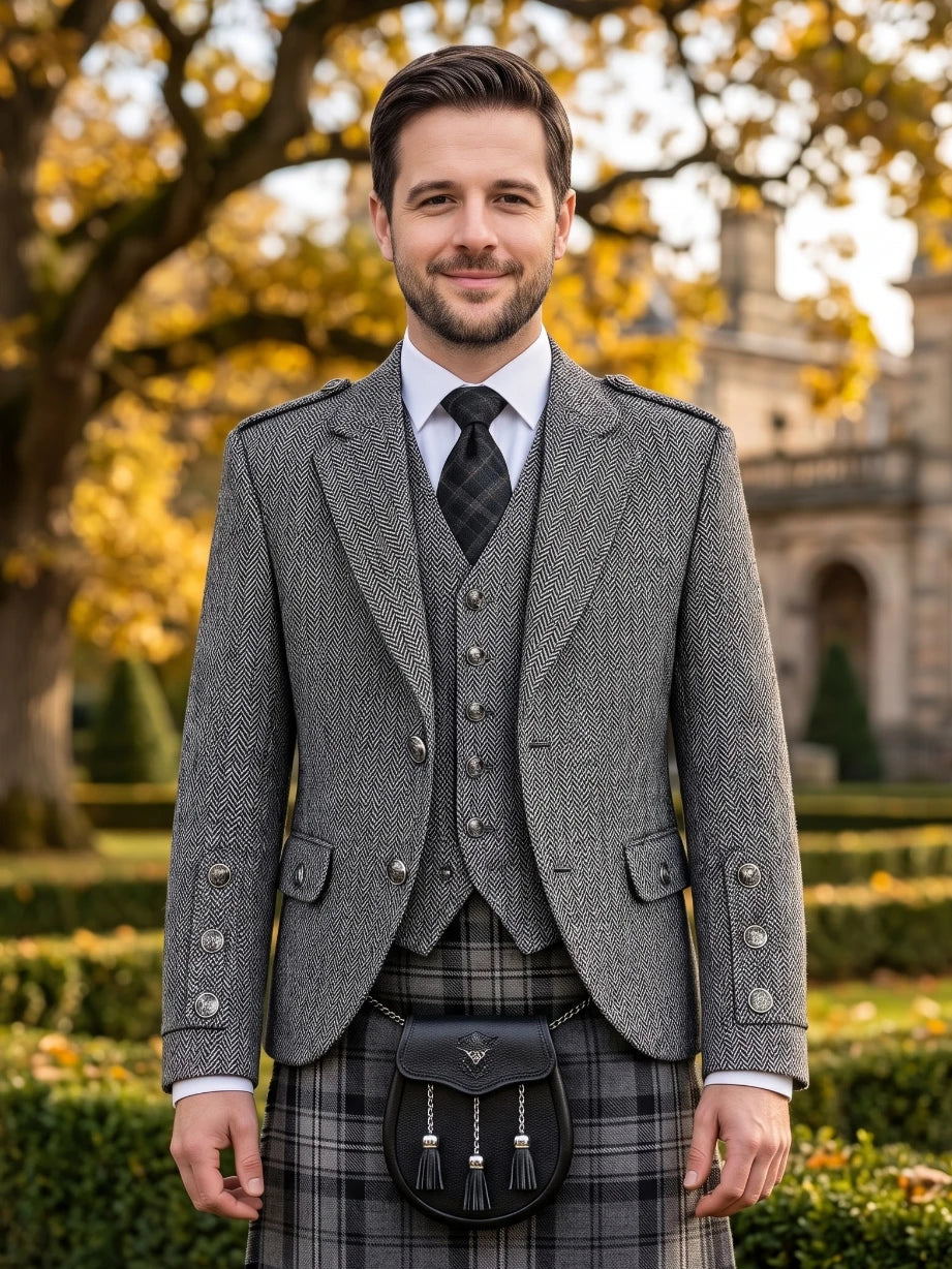 Veste de Kilt Décontractée en Tweed Gris Clair avec Gilet