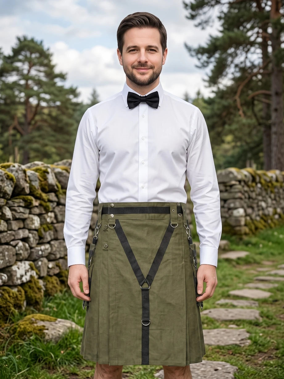 Kilt utilitaire coton vert olive sur mesure