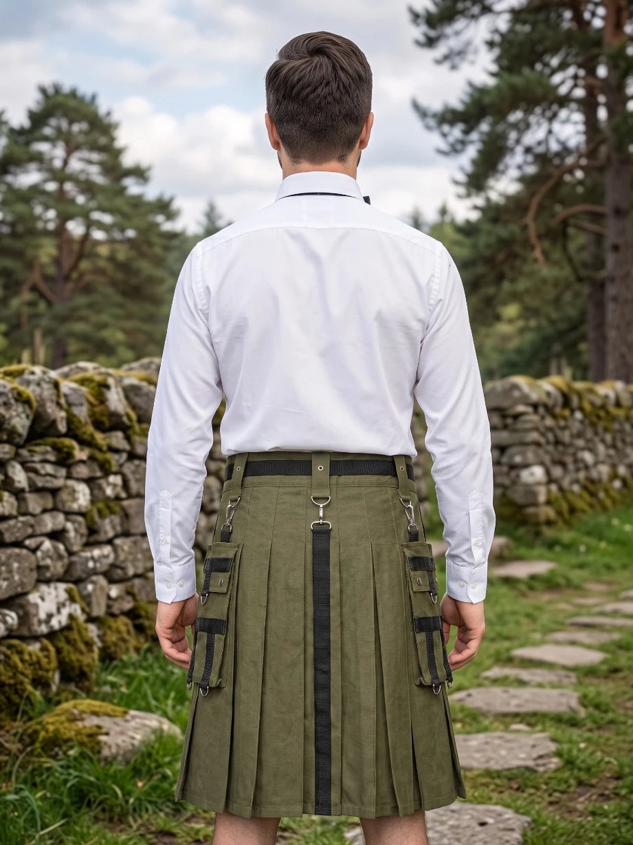 Kilt utilitaire coton vert olive sur mesure