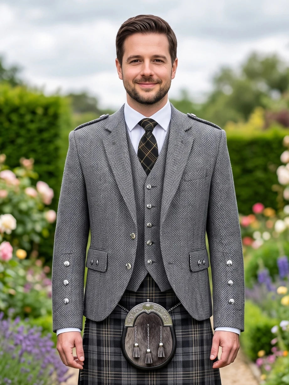 Veste Kilt Argyle en Tweed Gris Foncé avec Gilet