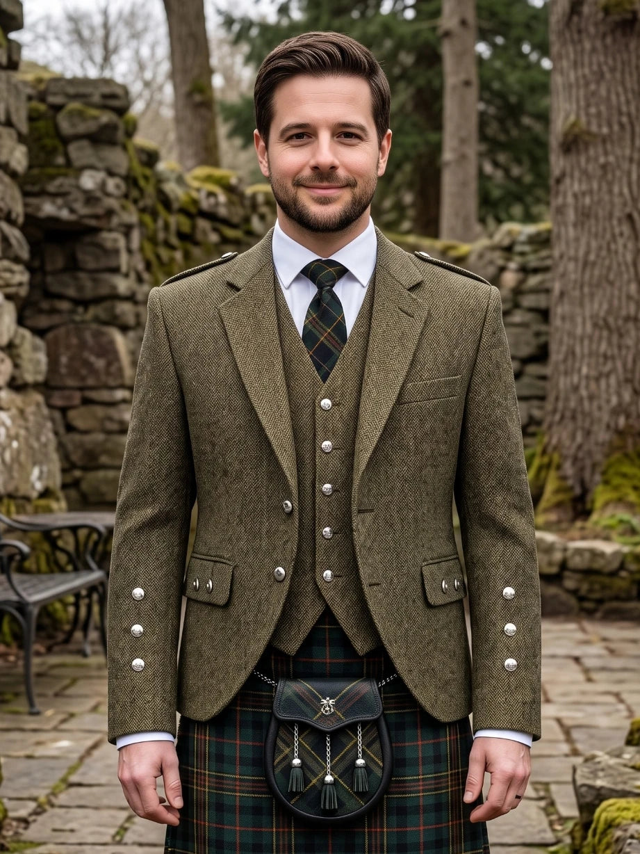 Veste Argyle en Tweed Vert Olive Foncé