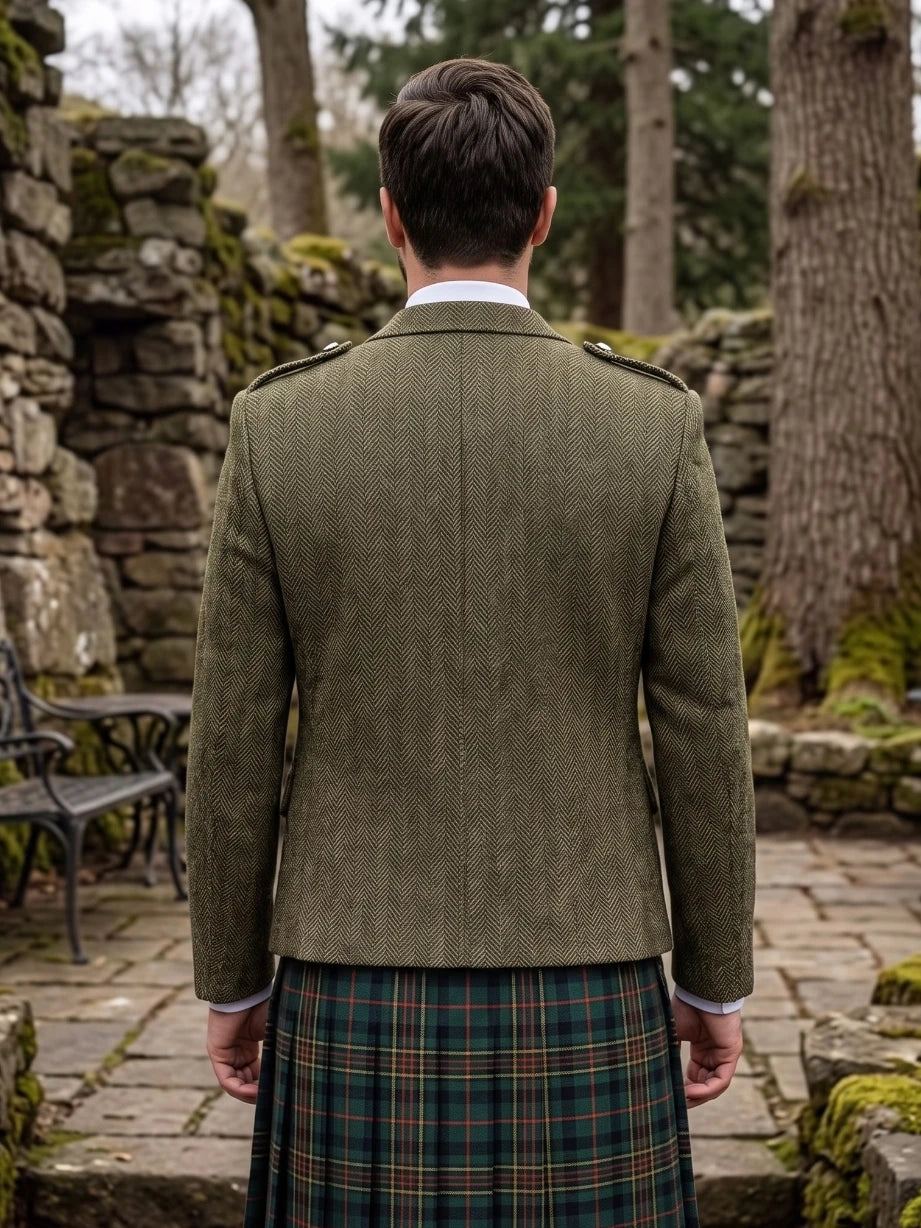 Veste Argyle en Tweed Vert Olive Foncé