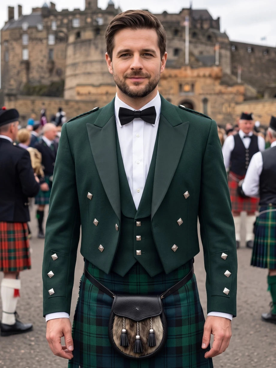 Veste Kilt Prince Charlie Vert Forêt avec Revers en Satin et Boutons Carrés Argent