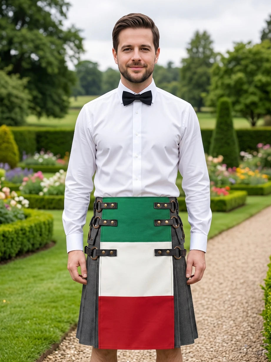 Kilt noir en denim avec drapeau italien sur mesure avec sangles en cuir