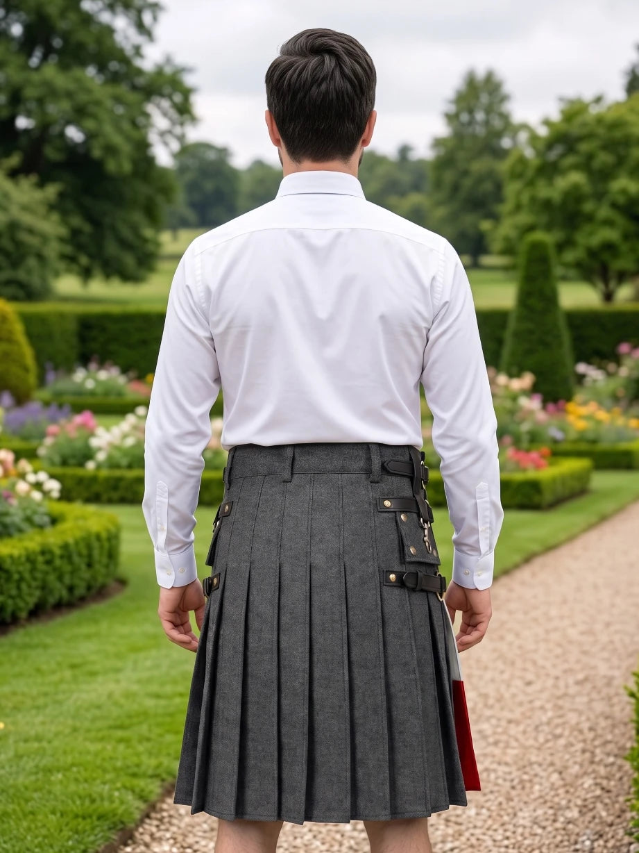 Kilt noir en denim avec drapeau italien sur mesure avec sangles en cuir