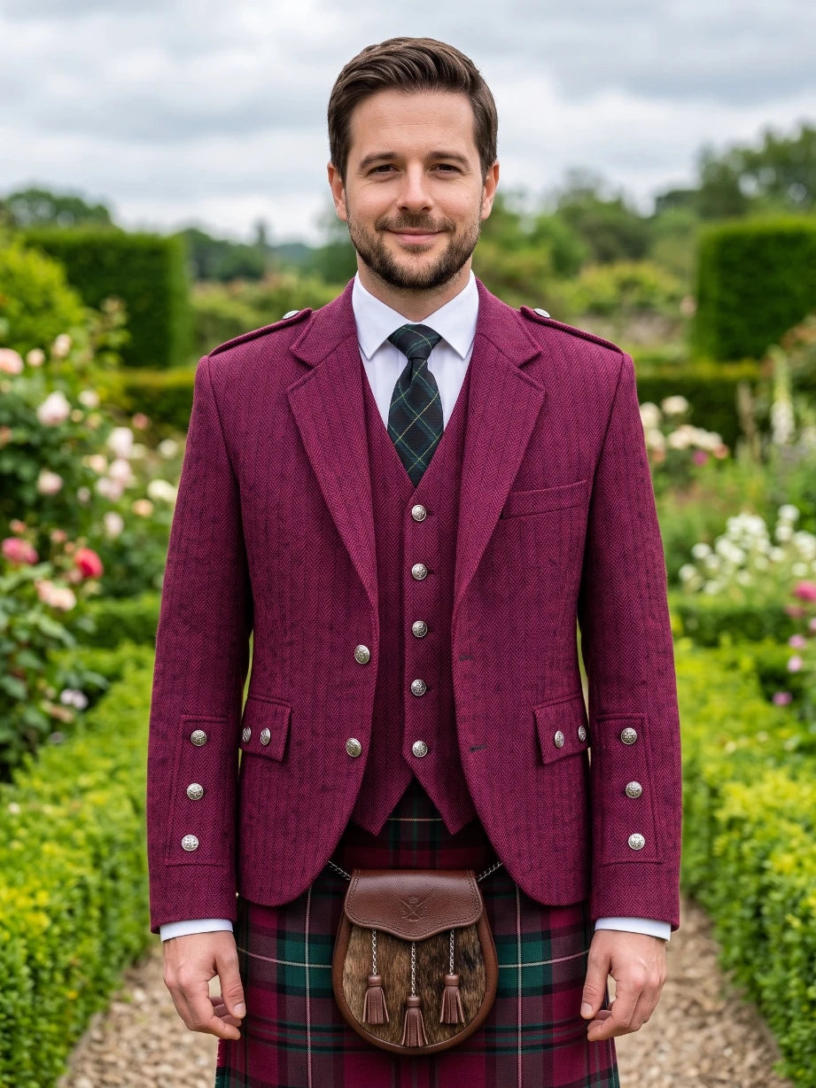 Veste Kilt Argyle en Tweed Magenta avec Gilet